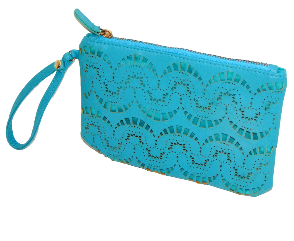 Under One Sky Wristlet Clutch Turquoise Laser Cut Faux Leather Zip Wrist Strap